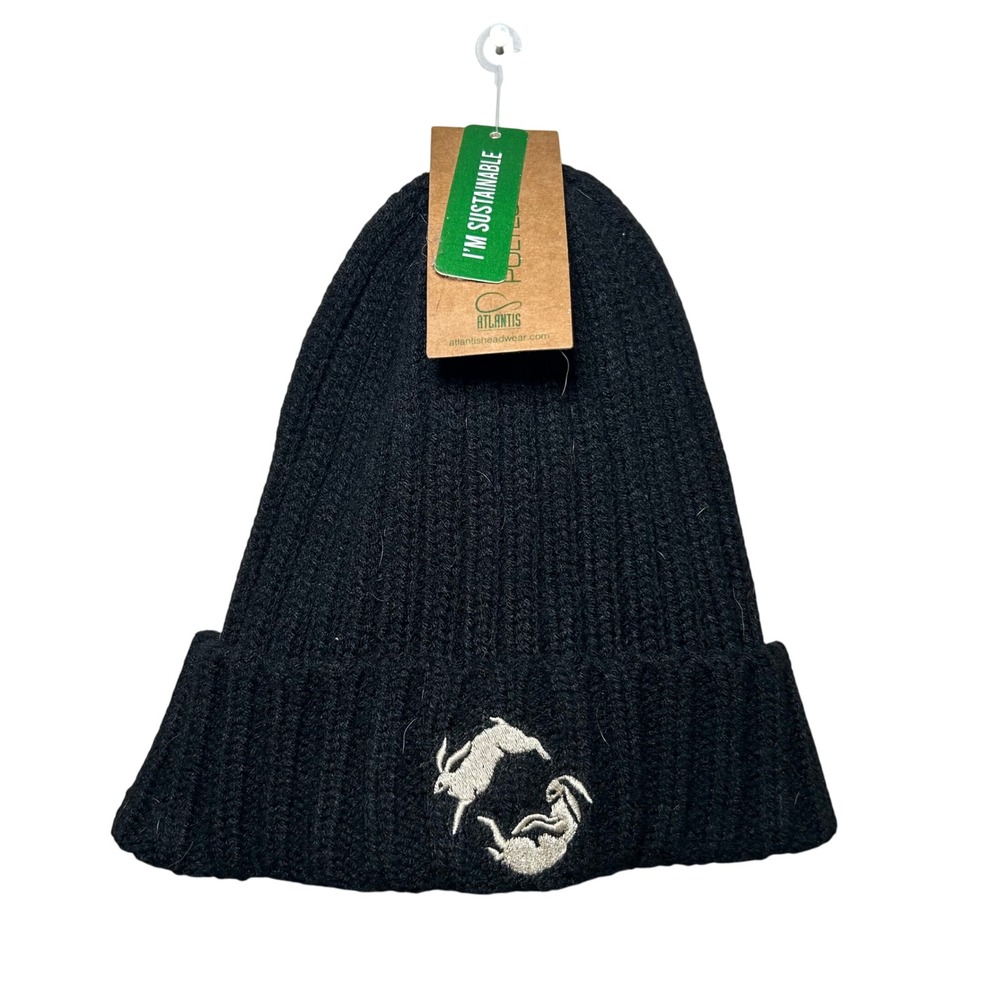 Atlantis Shore Black Beanie Recycled Polyester Knit Hat with Embroidered Rabbits